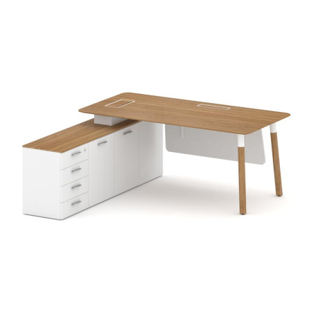 Стол руководителя Fresco FR.SR-18 (L) (1800x1798x750) (Дуб Светлый-Белый Бриллиант UM-Белый Бриллиант UM | Металл Белый-Нерж. Сталь)