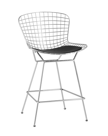Стул полубарный с низкой спинкой Bertoia хромированный с черной подушкой (Стул полубарный Bertoia серебристый)