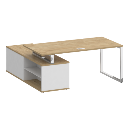 Стол руководителя с опорной греденцией, правый Shift SK.SRG-180 (R) (1800x1800x753) (Тиквуд Светлый-Белый Бриллиант | Хром)